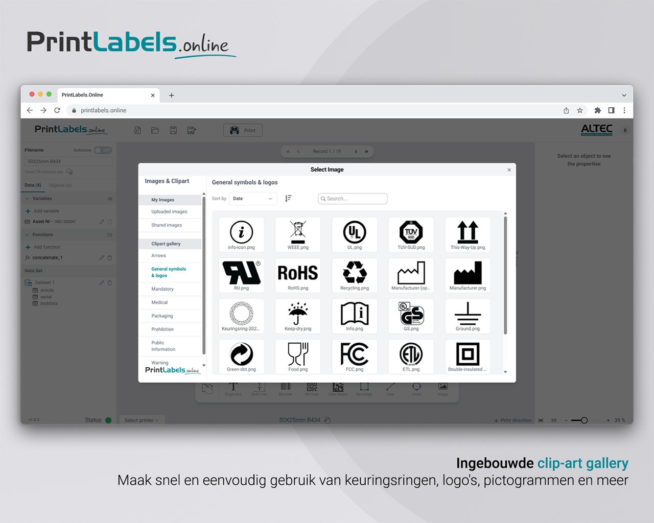 Clip-art galerij in PrintLabels.Online met keurmerken, pictogrammen, logo’s en andere grafische elementen voor labelontwerpen